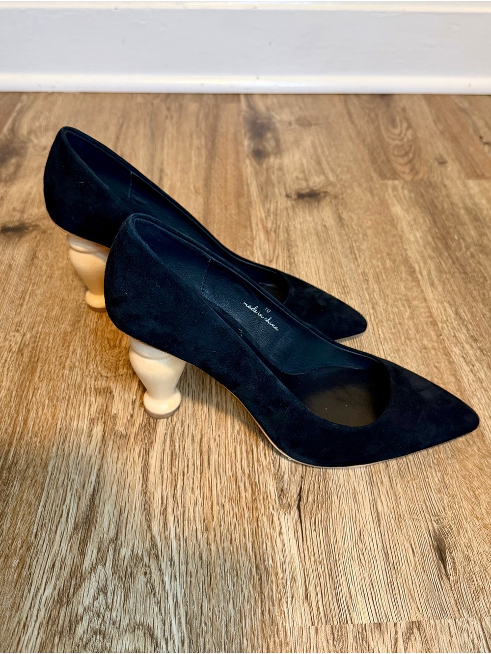 Charlotte Stone Black Suede Pumps with Sculpted Wood-Tone Heel - Picture 3 of 5